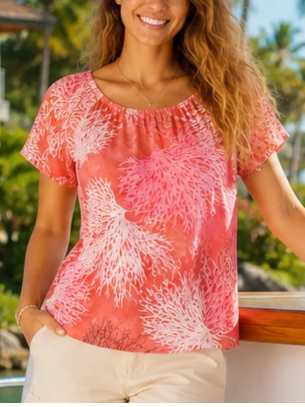 Hilo Hattie Coral Print Peasant Blouse (L)
